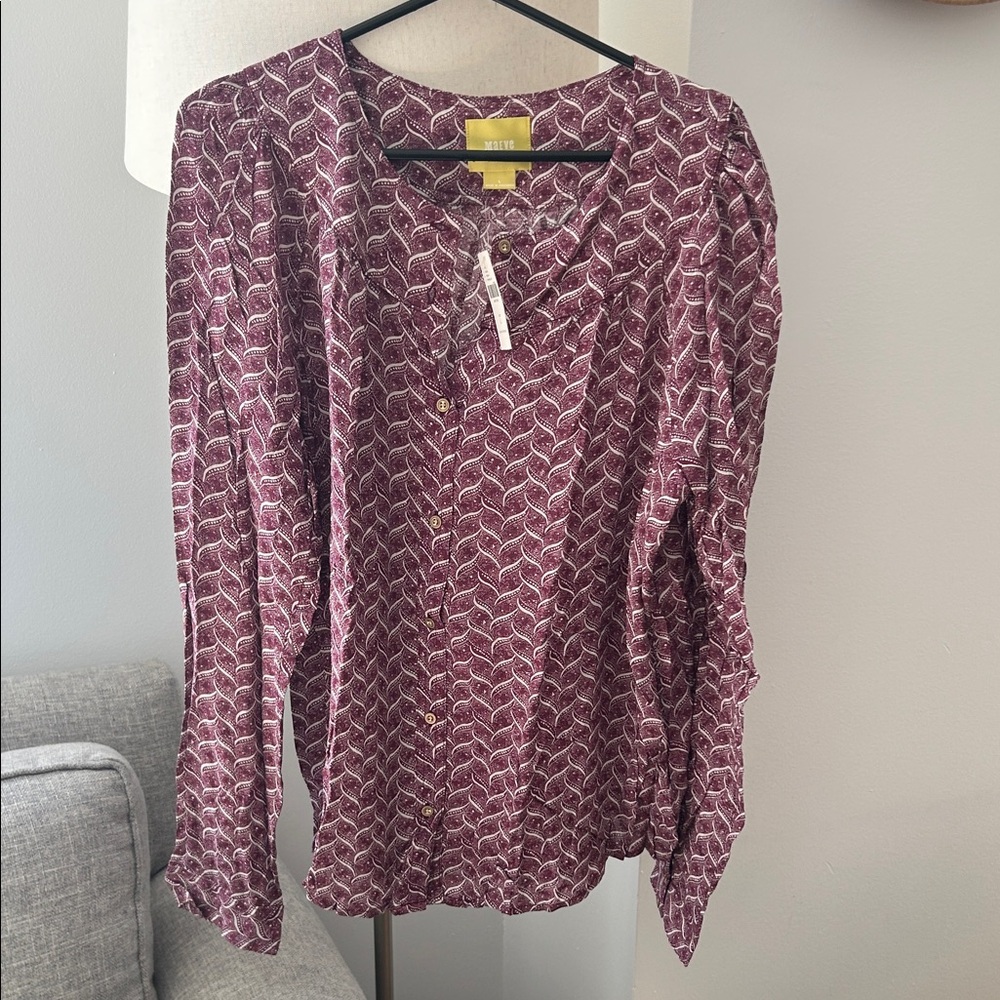 Maeve by Anthropologie Women's Burgundy Printed Button-Front Blouse